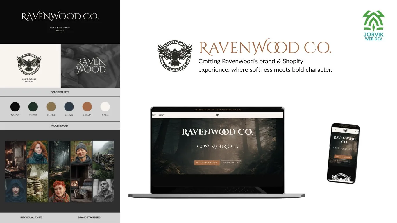 Ravenwood Co. brand and Shopify build by Jorvik Web Dev